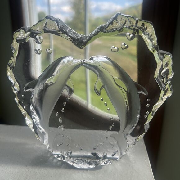 Two Dolphins Kissing Heart Laser Etched Crystal Clear See Through Ocean Sea - Picture 6 of 16